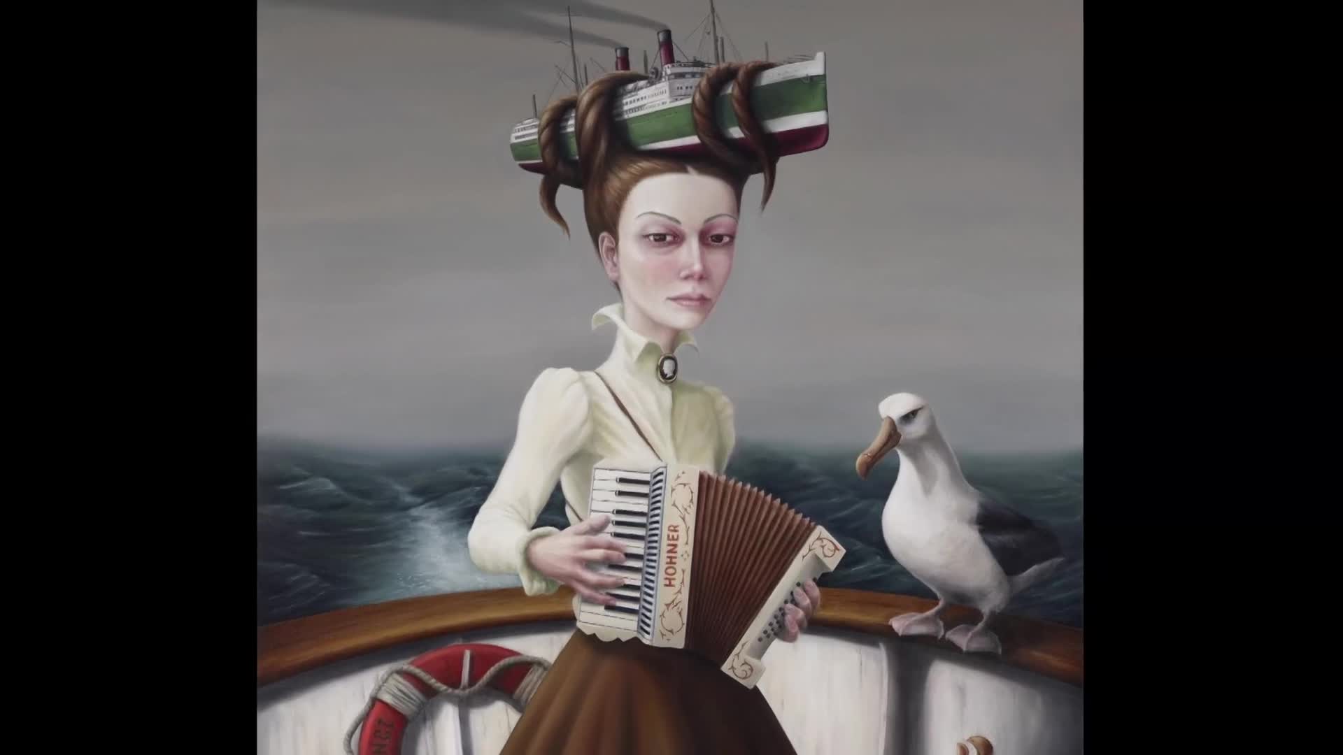 A woman plays an accordion while a bird stands nearby on a boat. Two ships are perched atop her head, steam rising from their funnels.