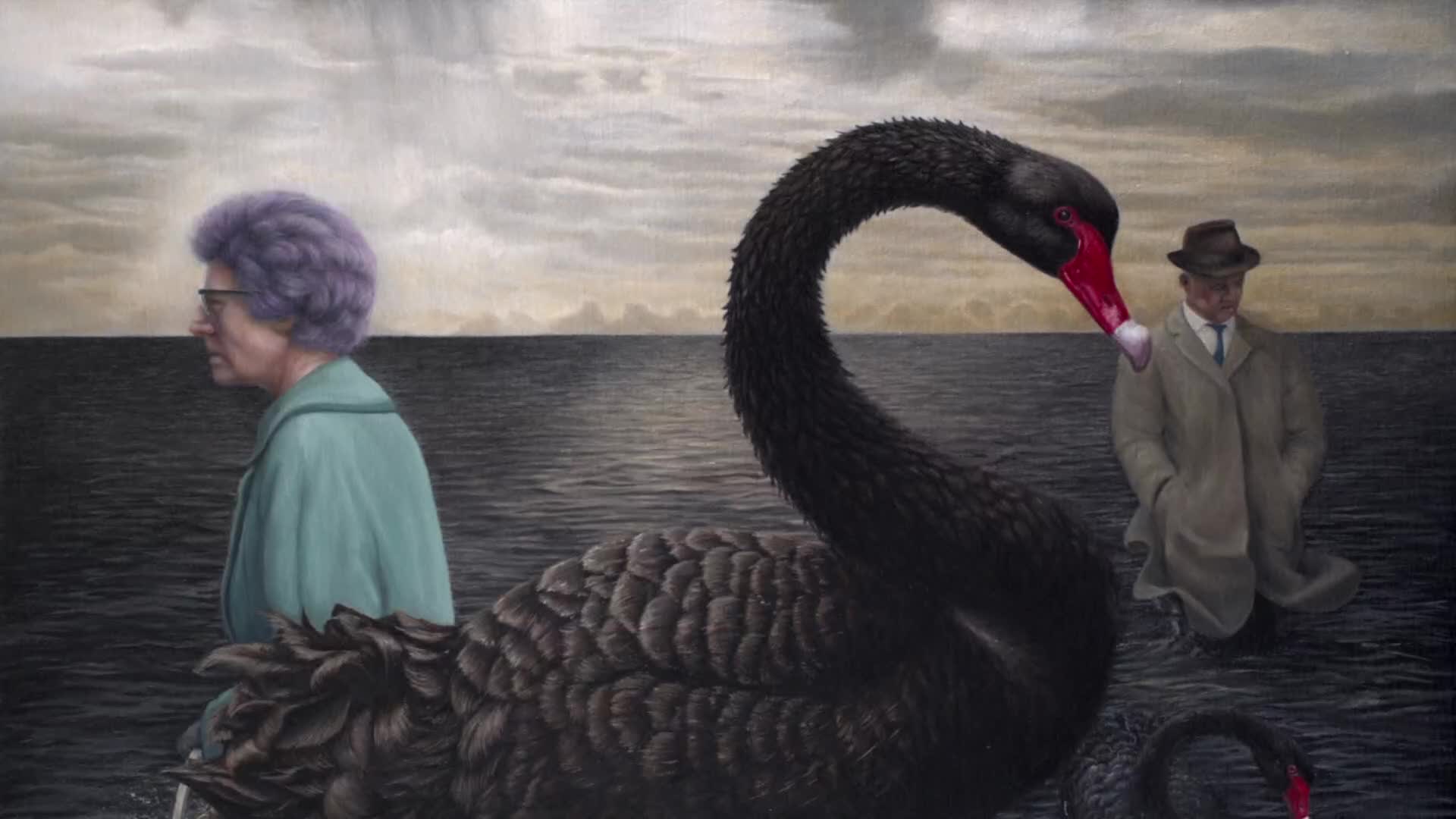 A large black swan dips its beak towards a man in a trench coat standing in dark water. To the left, a woman with purple hair faces away, her teal coat a stark contrast to the muted tones of the scene.