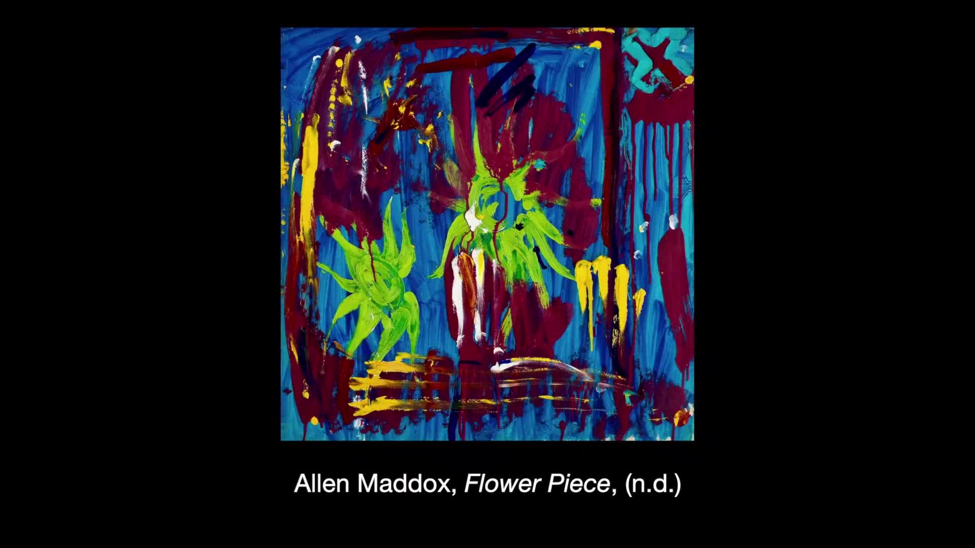 The bright green, spiky forms stand out against the deep blue background. Thick strokes of maroon and yellow paint create a textured, abstract composition.