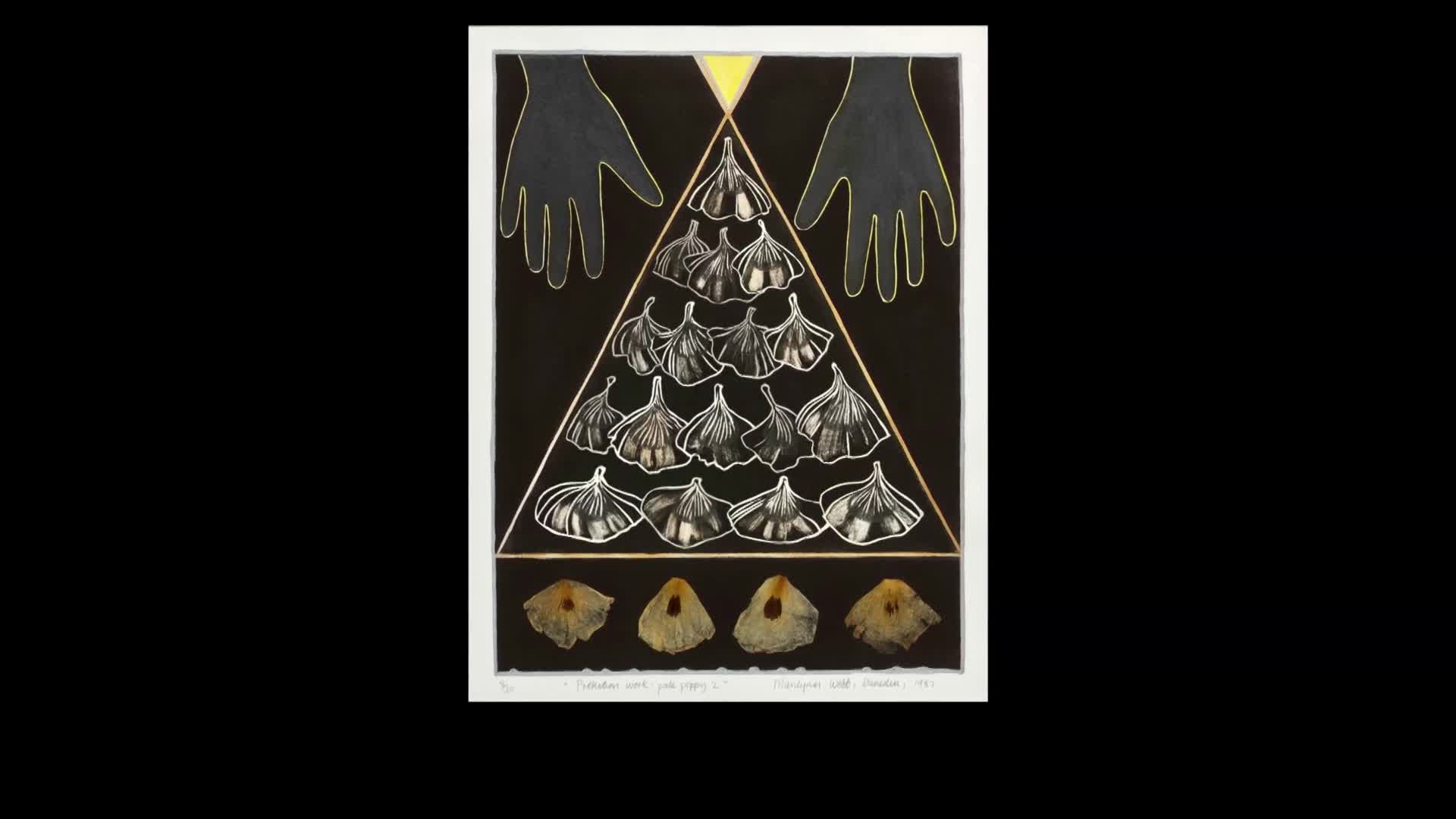 The artwork features a pyramid of white, stylized garlic bulbs against a black background, framed by two dark hands. At the bottom, four dried, yellowed seed pods are arranged in a row.