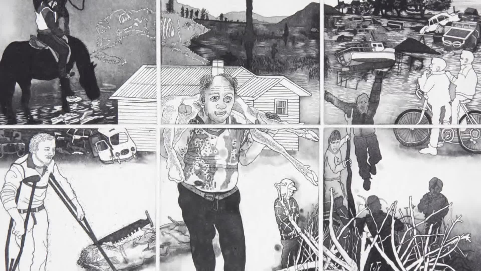 A man on horseback drinks from a stream. Nearby, a house stands beside a body of water filled with debris and submerged vehicles.