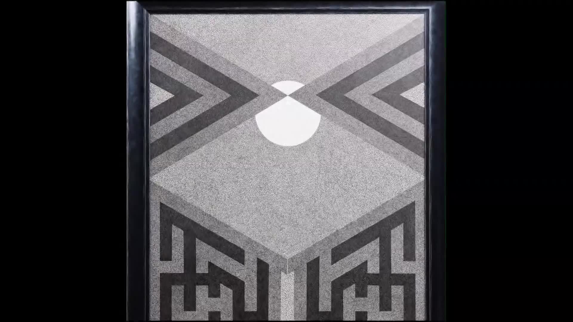 A bright white circle sits at the apex of a geometric pattern. Dark grey lines form sharp angles, pointing inwards from the sides and outwards from the bottom, creating a sense of depth.