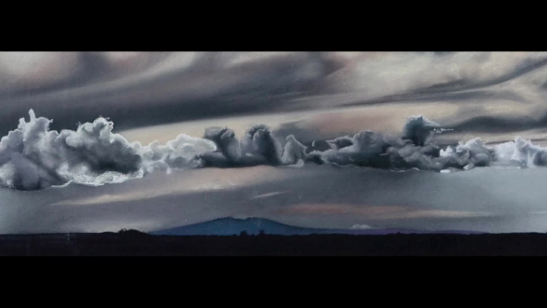 Dark, heavy clouds drift across a vast sky. A distant mountain range, silhouetted against the horizon, hints at the rugged New Zealand landscape.