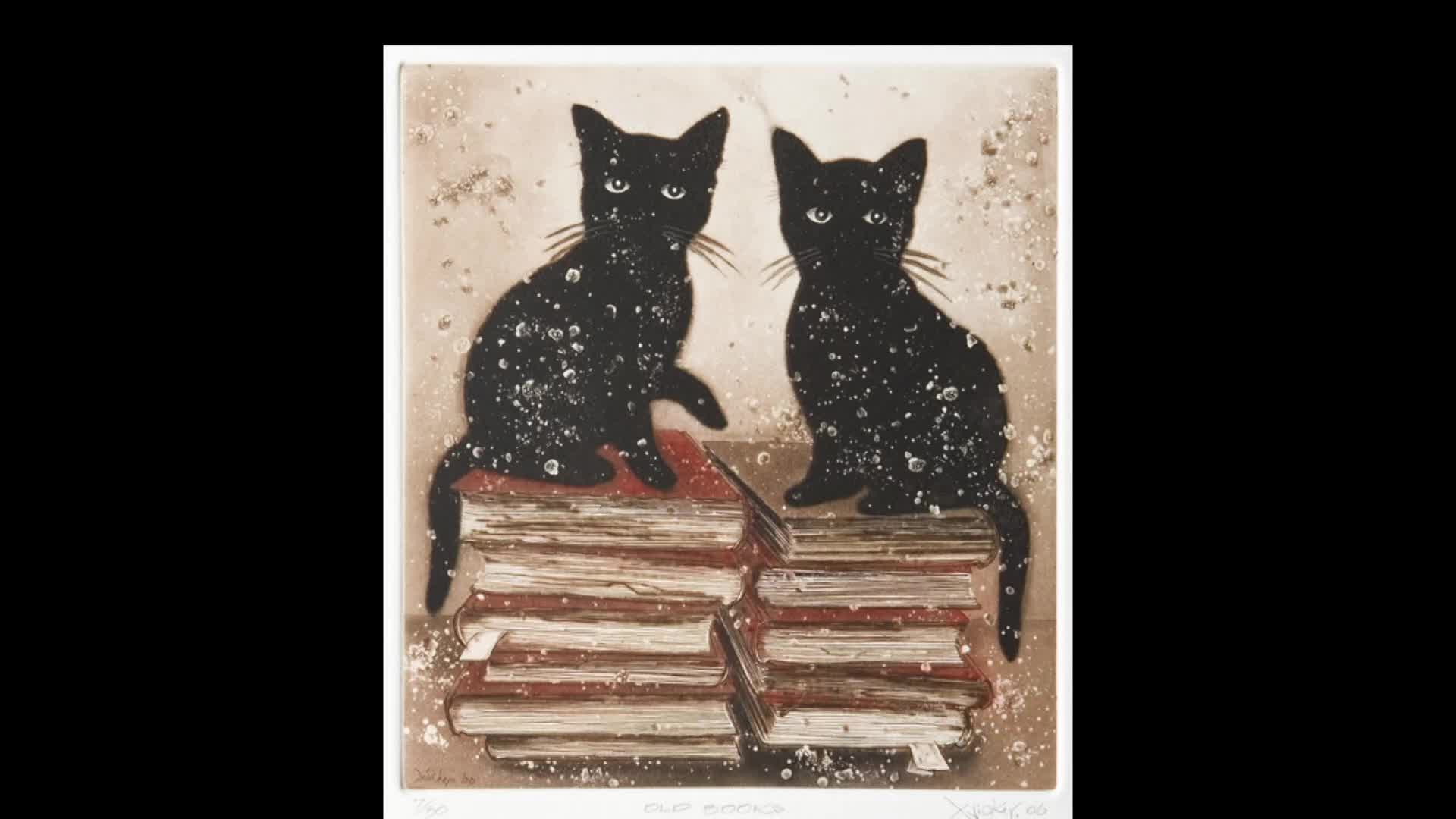 Two black cats sit perched on stacks of old books. The cats' fur is speckled with white, like they've been dusted with snow.
