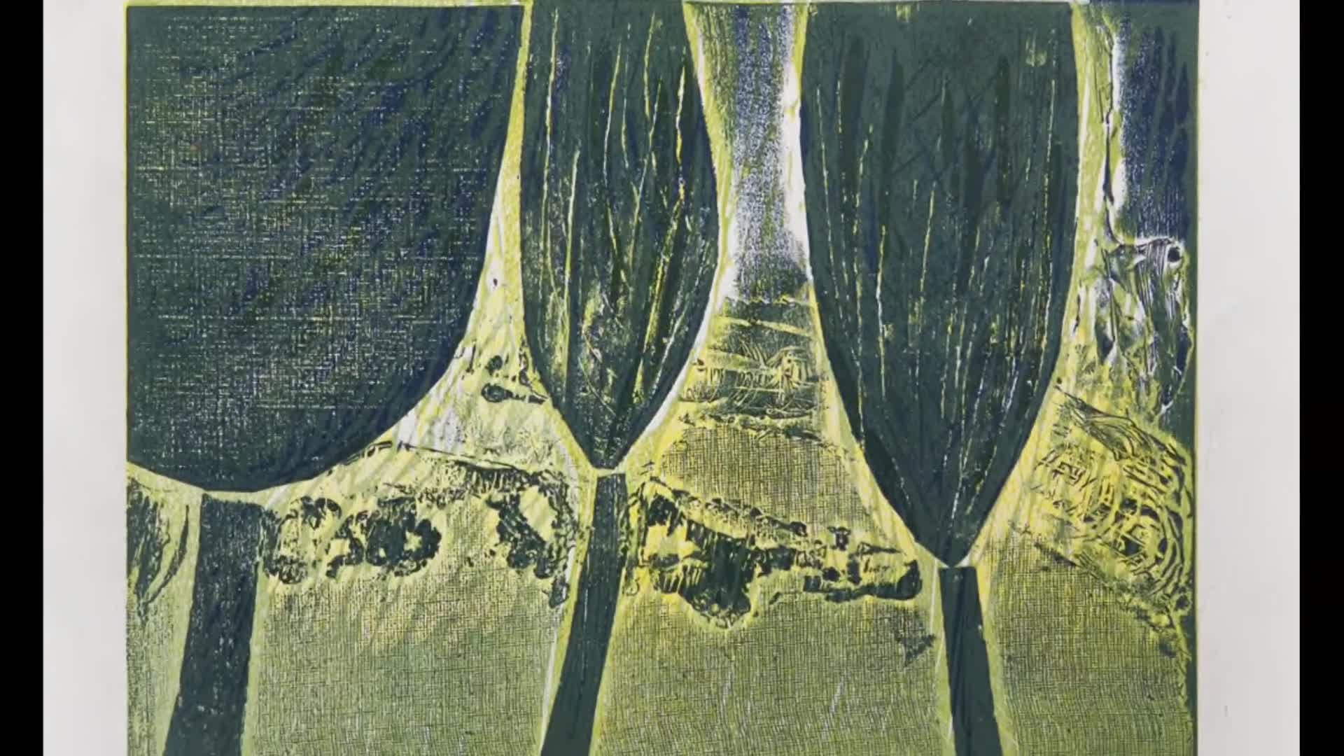 The dark, textured shapes loom over a textured landscape. A small building sits nestled in the middle ground, bathed in a pale light.