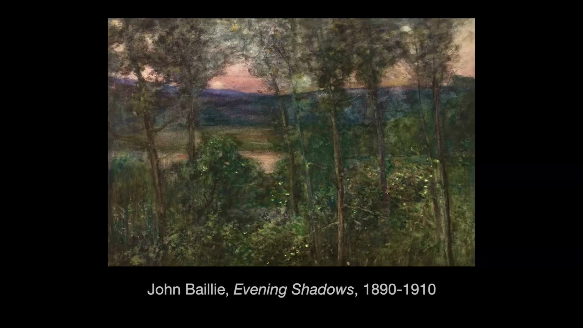 The sky glows with the soft pinks and oranges of sunset over rolling hills. Tall trees stand silhouetted against the fading light, their branches reaching towards the dusky sky.