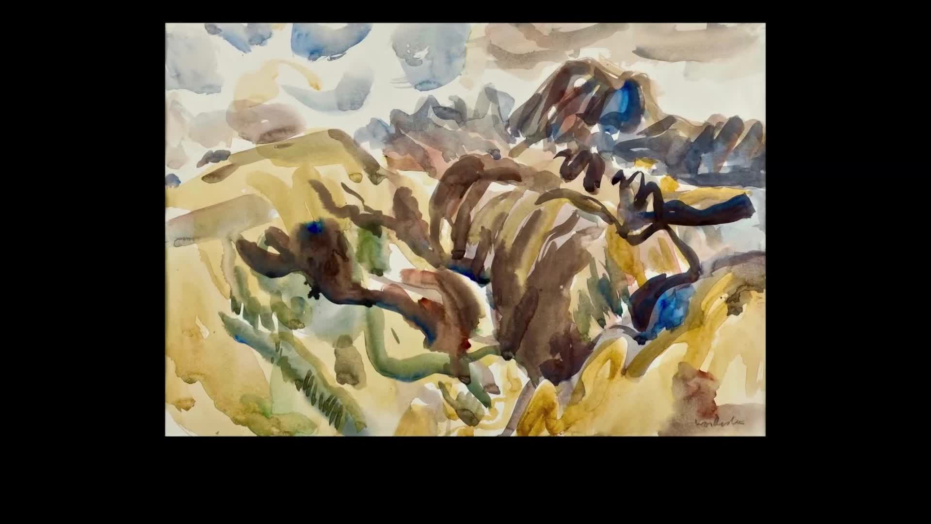 The Parliament TV broadcast shows a watercolor painting of a rugged, abstract landscape. Browns, greens, and blues blend across the canvas, suggesting hills and sky under a muted light.