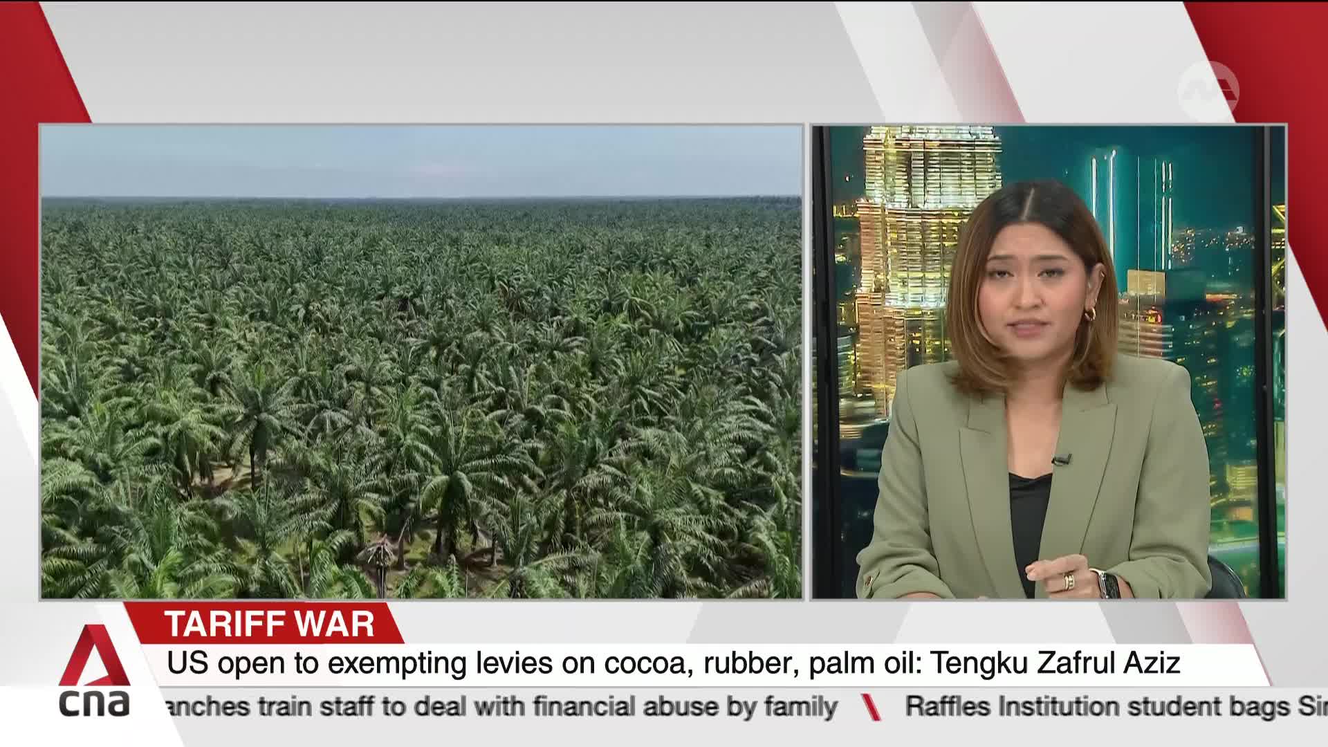 A news anchor from CNA International is speaking, framed by a cityscape and a vast palm oil plantation. The broadcast is reporting on a tariff war, with a focus on the US and its levies.
