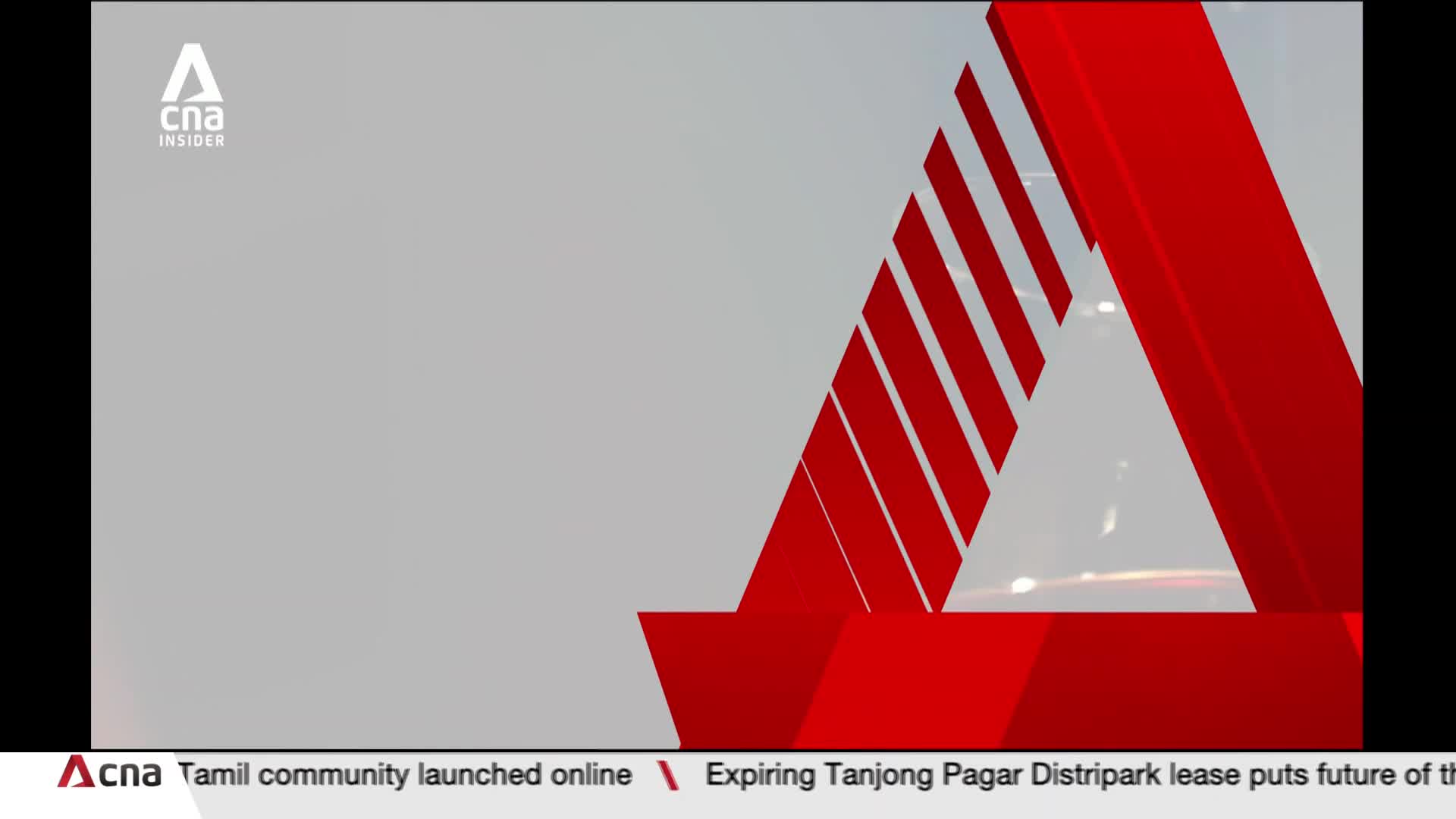A red, angular graphic dominates the right side of the screen, partially obscuring a light gray backdrop. The CNA Insider logo sits in the upper left corner, while a news ticker scrolls across the bottom.
