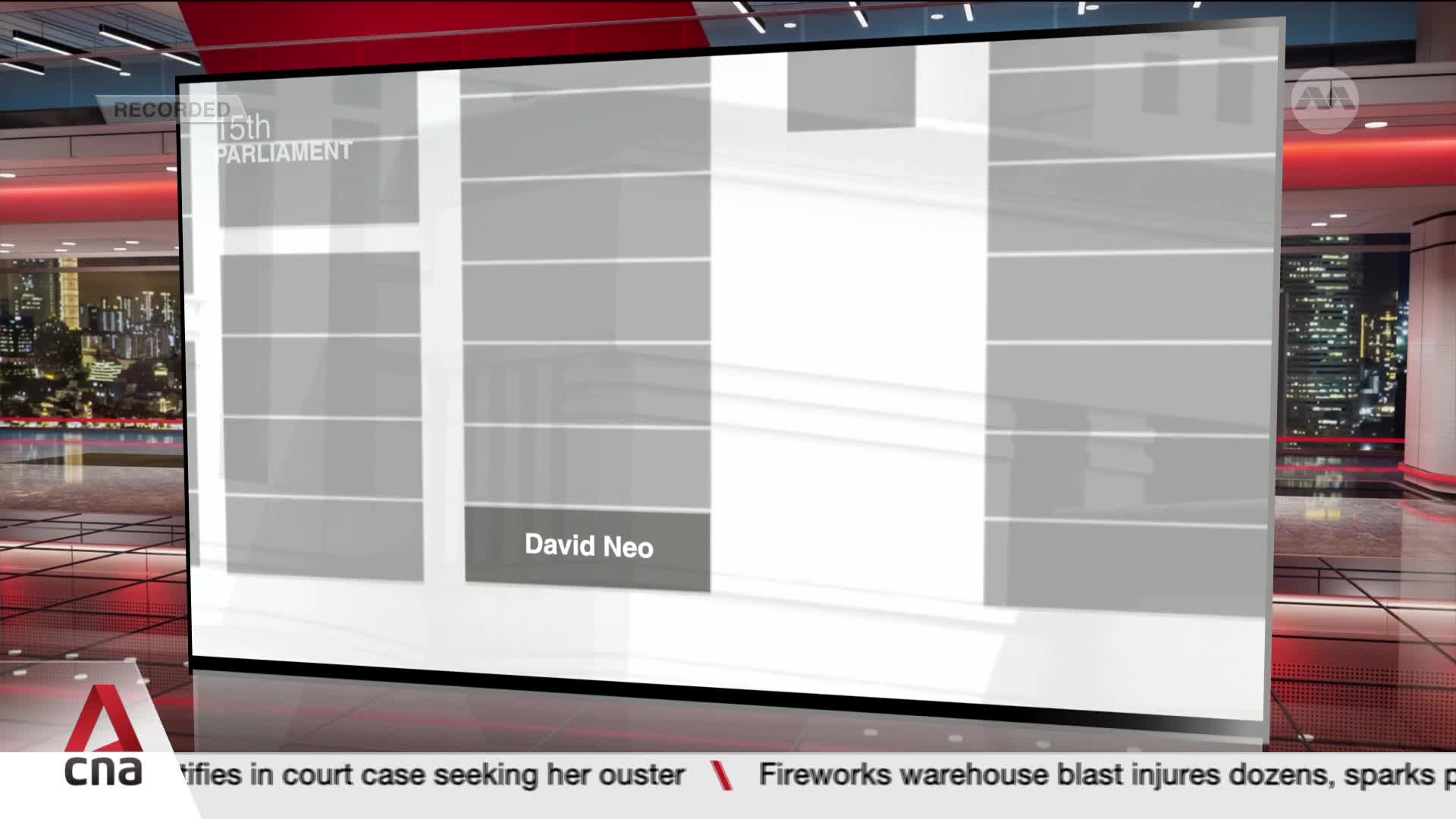 On the CNA International broadcast, a graphic displays a list of names, with "David Neo" highlighted. The scene is set in a studio with a view of a city skyline.
