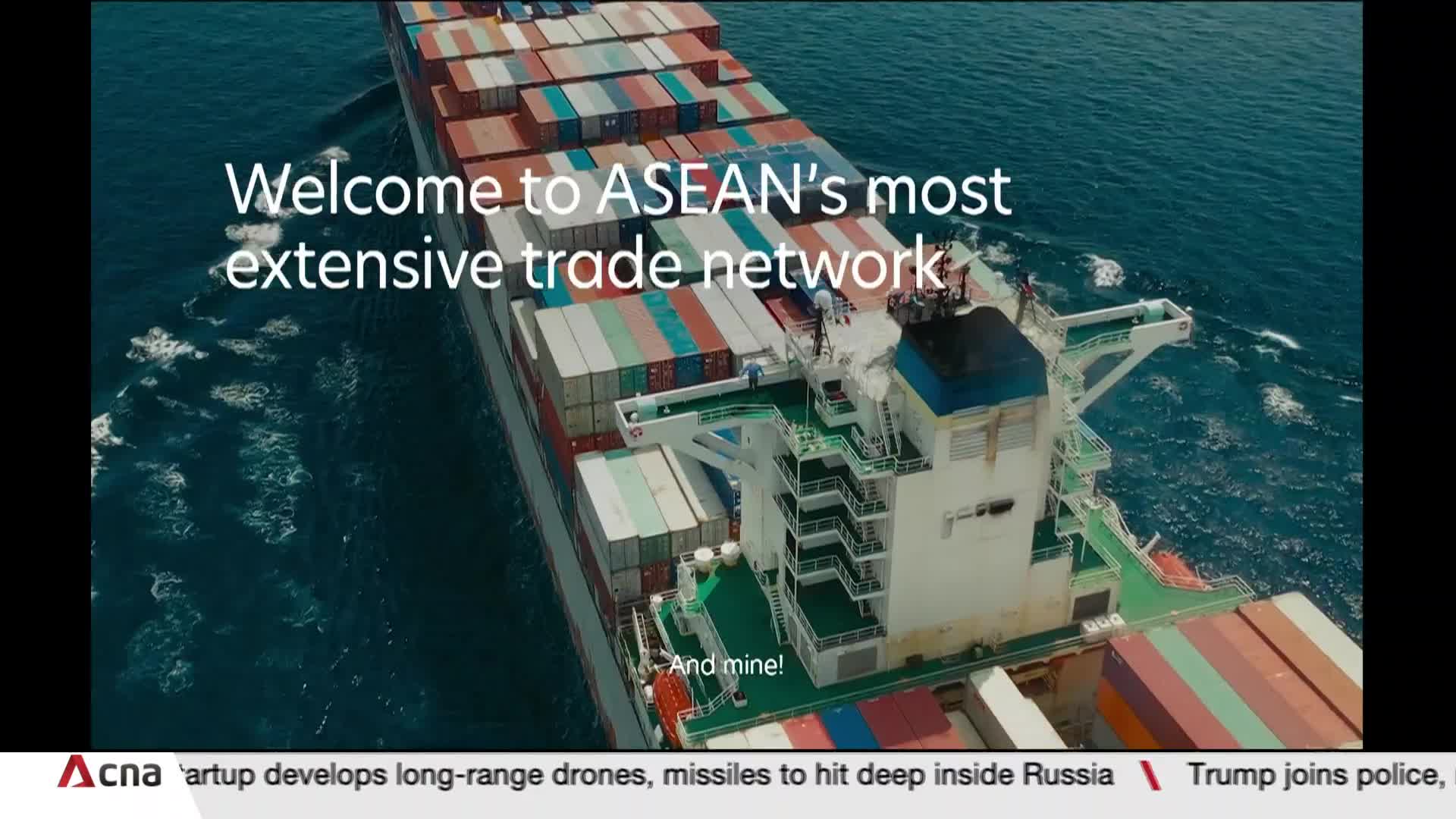A massive container ship cuts through the water, its deck stacked high with colorful cargo. The CNA International graphic welcomes viewers to the ASEAN trade network, with the ship as a visual representation of its reach.
