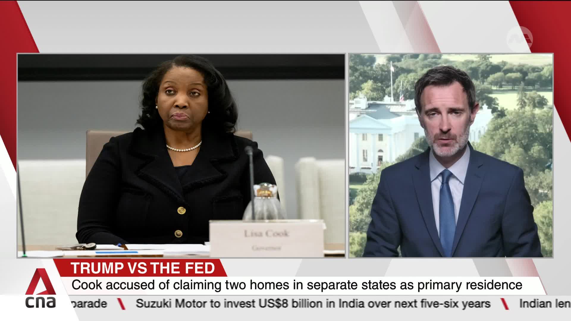 On CNA International, Lisa Cook, identified as a Governor, sits at a table, her expression serious as she looks off-screen. Beside her, a man in a suit, with the White House visible behind him, appears to be reporting.
