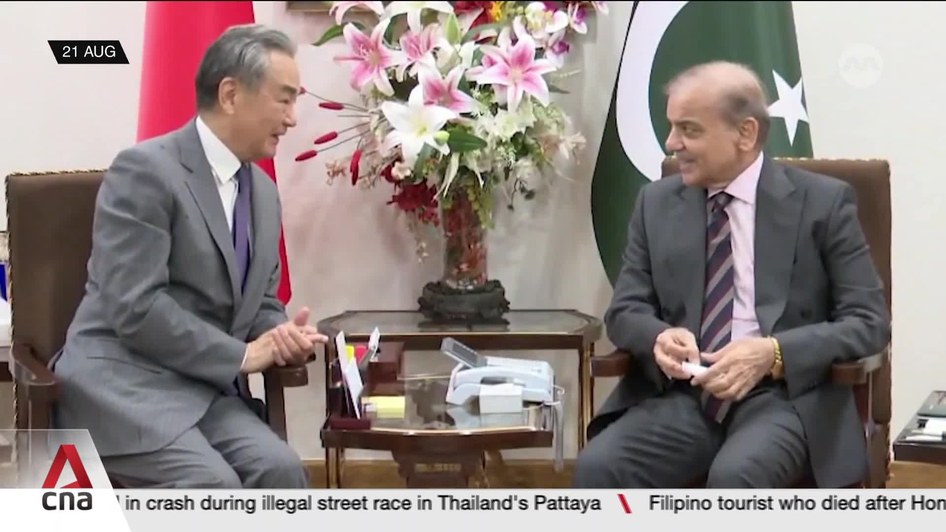Two men in suits are seated, facing each other, engaged in a conversation. A large flower arrangement sits between them, and the Pakistani flag is visible in the background, as reported by CNA International.
