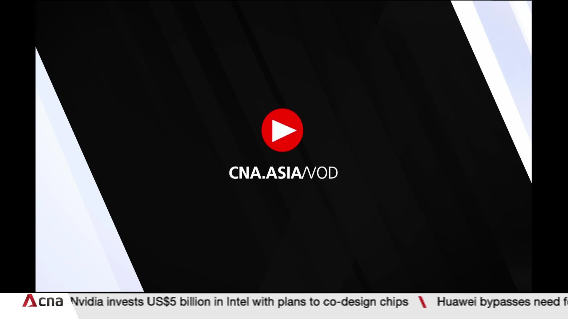 A red play button sits centered on a black background, with "CNA.ASIA/VOD" displayed below. At the bottom, news headlines from CNA International scroll across the screen.
