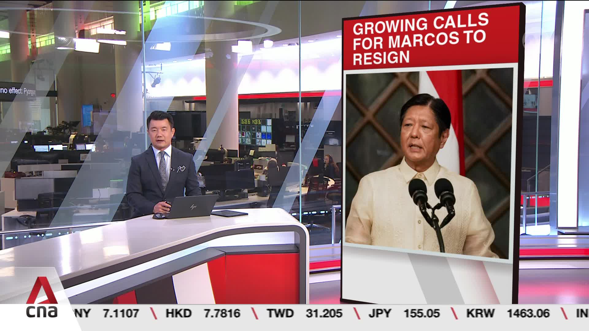 A news anchor in a suit sits behind a desk, looking directly at the camera. To his right, a screen displays a graphic from CNA International with a photo of Marcos, and the headline "Growing Calls for Marcos to Resign."

