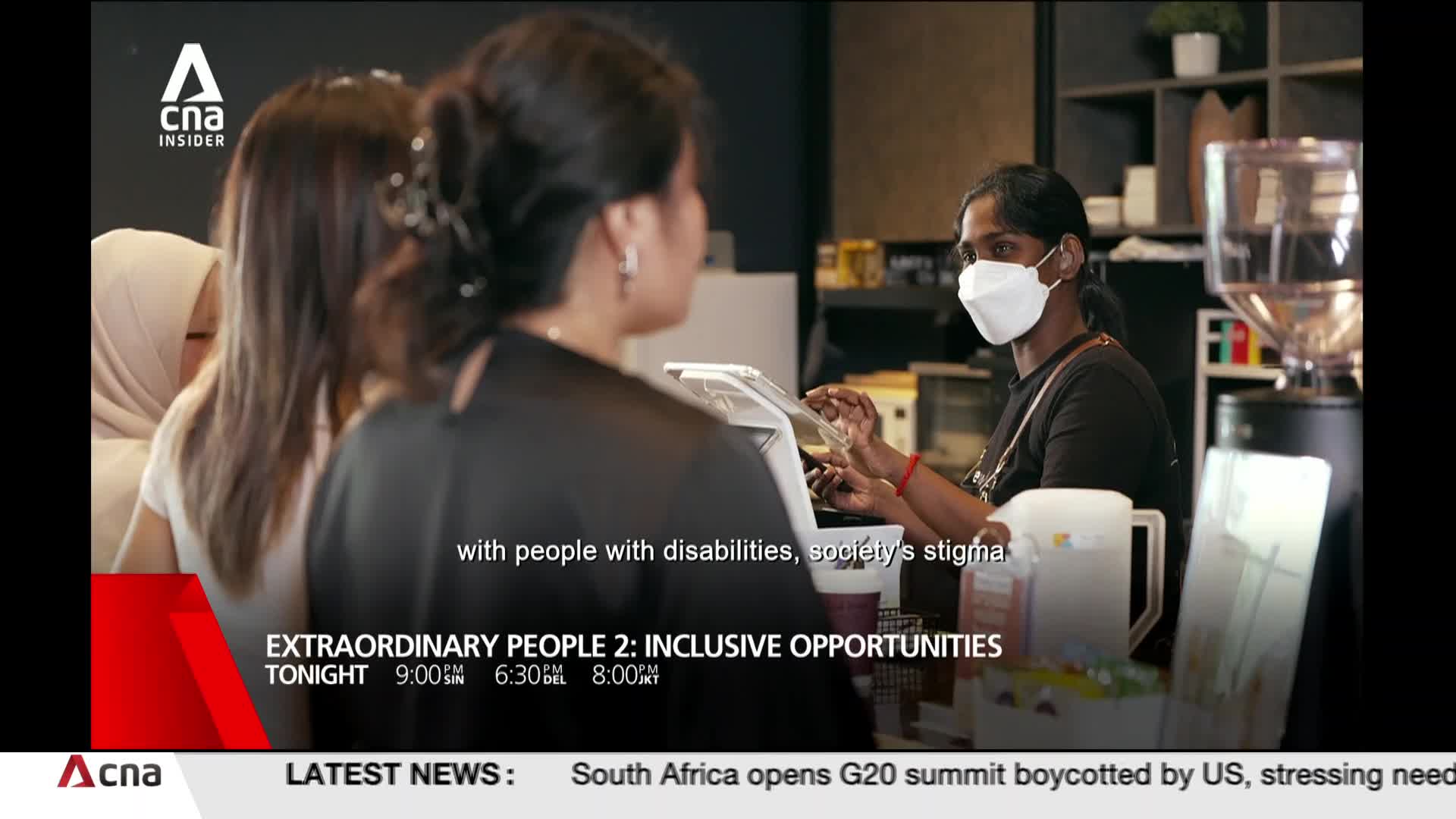 A woman in a mask is handing something to a customer at a cafe counter. The CNA Insider logo and program title are visible at the bottom of the screen.

