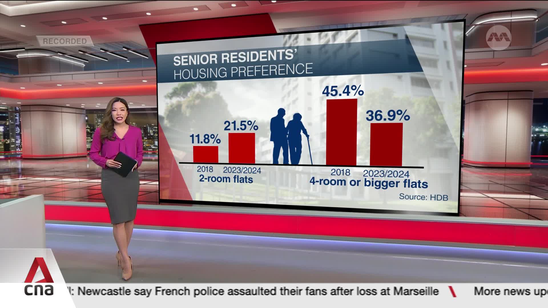 A woman in a pink top stands in a studio, facing the camera, with a tablet in her hand. Behind her, a large screen displays a chart from HDB, explaining senior residents' housing preferences.
