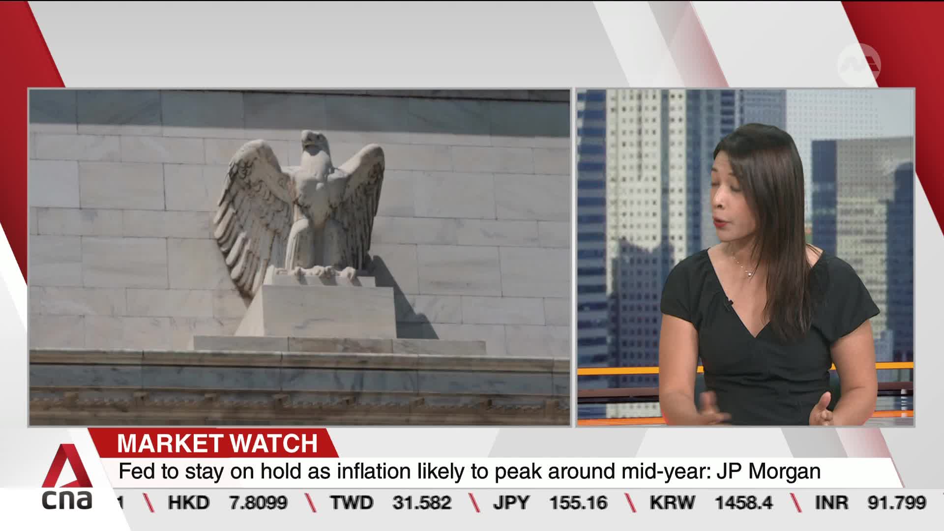 A stone eagle stands guard on a marble facade. Beside it, a woman in a black dress speaks, her voice a steady presence against the backdrop of a Singapore skyline. A stone eagle stands guard on a marble facade. Beside it, a woman in a black dress speaks, her voice a steady presence against the backdrop of a Singapore skyline.