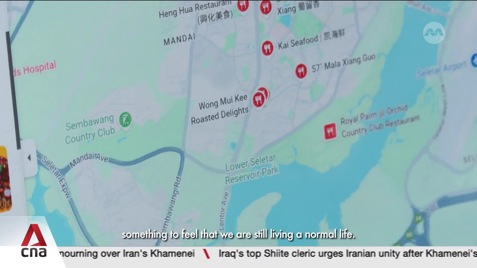 A map of Singapore highlights locations like Sembawang Country Club and Lower Seletar Reservoir Park. The CNA logo appears in the corner, superimposed over text about normalcy.