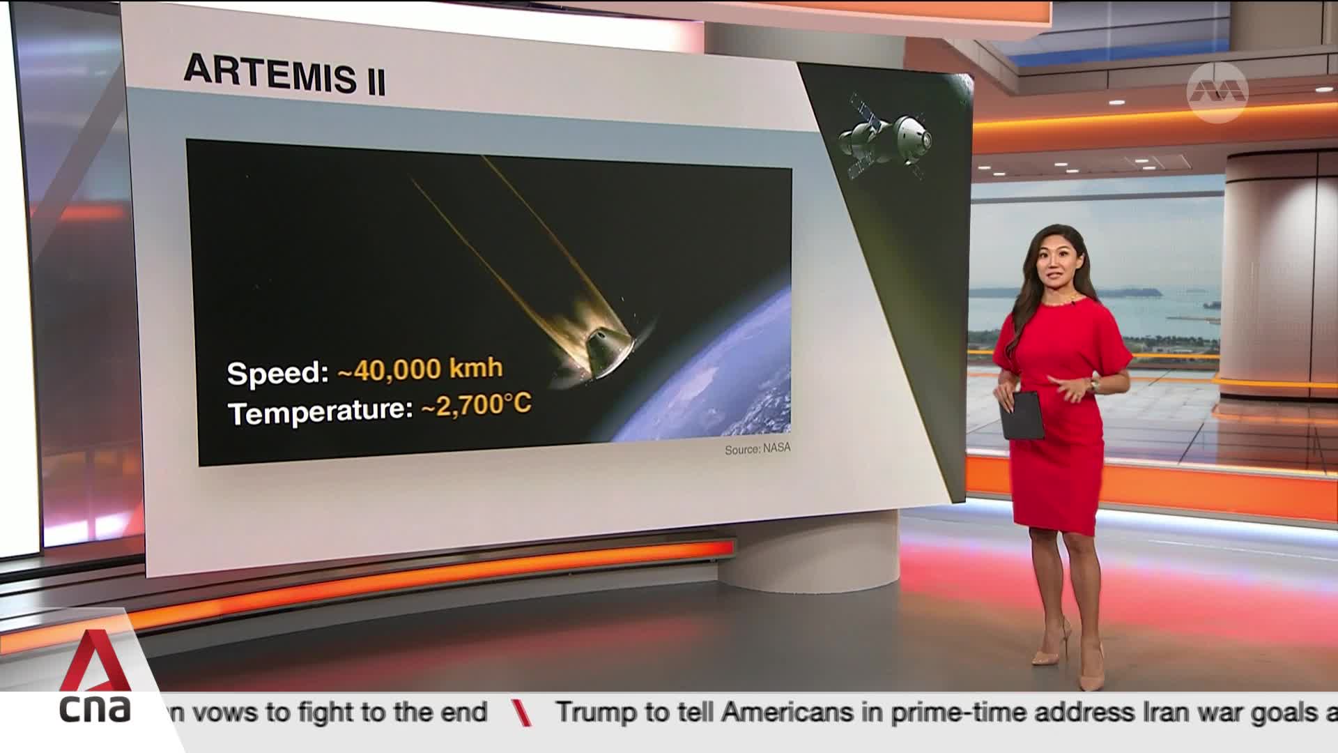 A spacecraft plunges through Earth's atmosphere, trailing fire. A presenter in a red dress stands beside a screen detailing the Artemis II mission's speed and temperature.