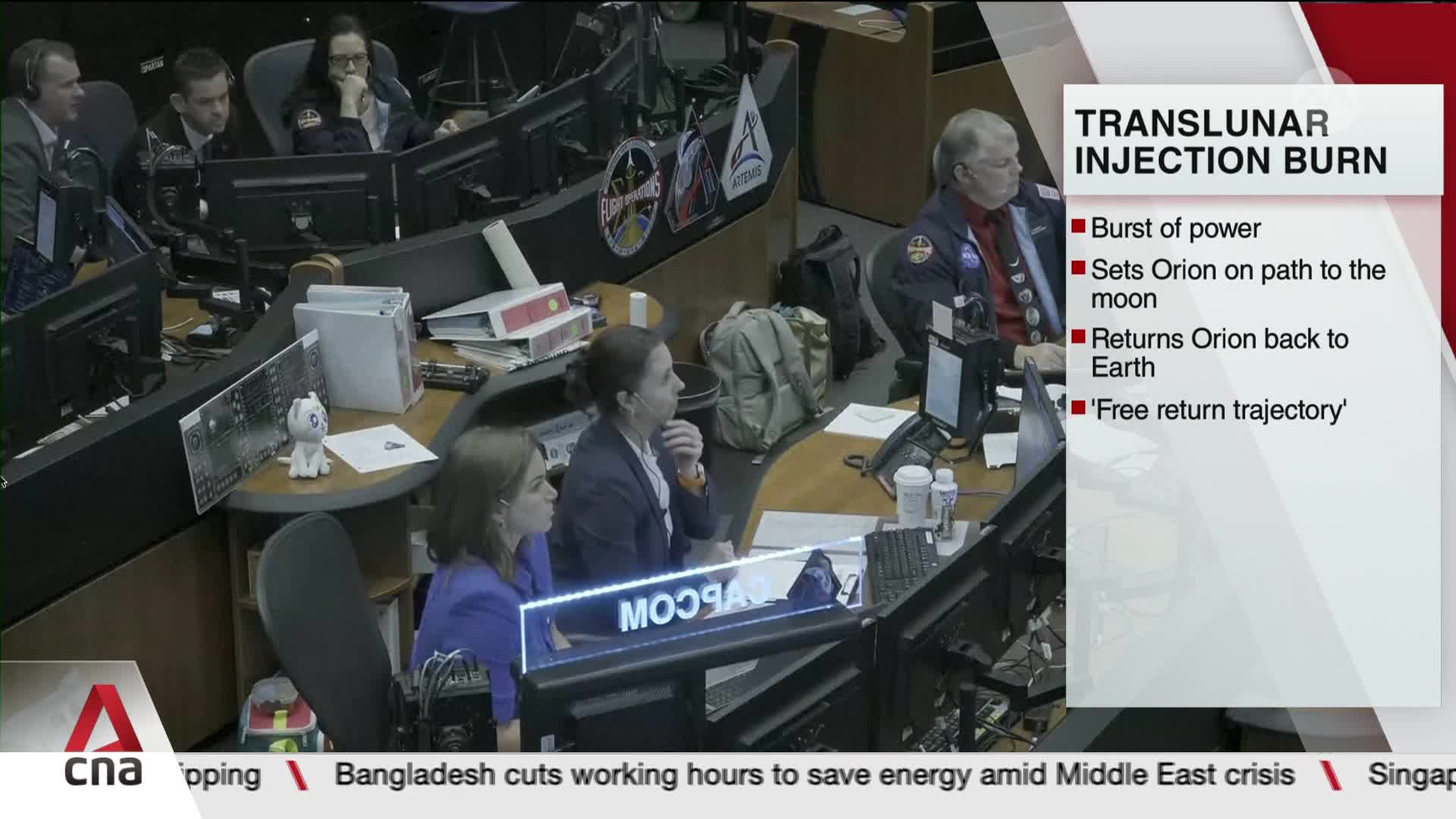 People in a control room are intently watching monitors. A graphic overlay details a "Trans-Lunar Injection Burn," outlining its purpose for Orion's journey.