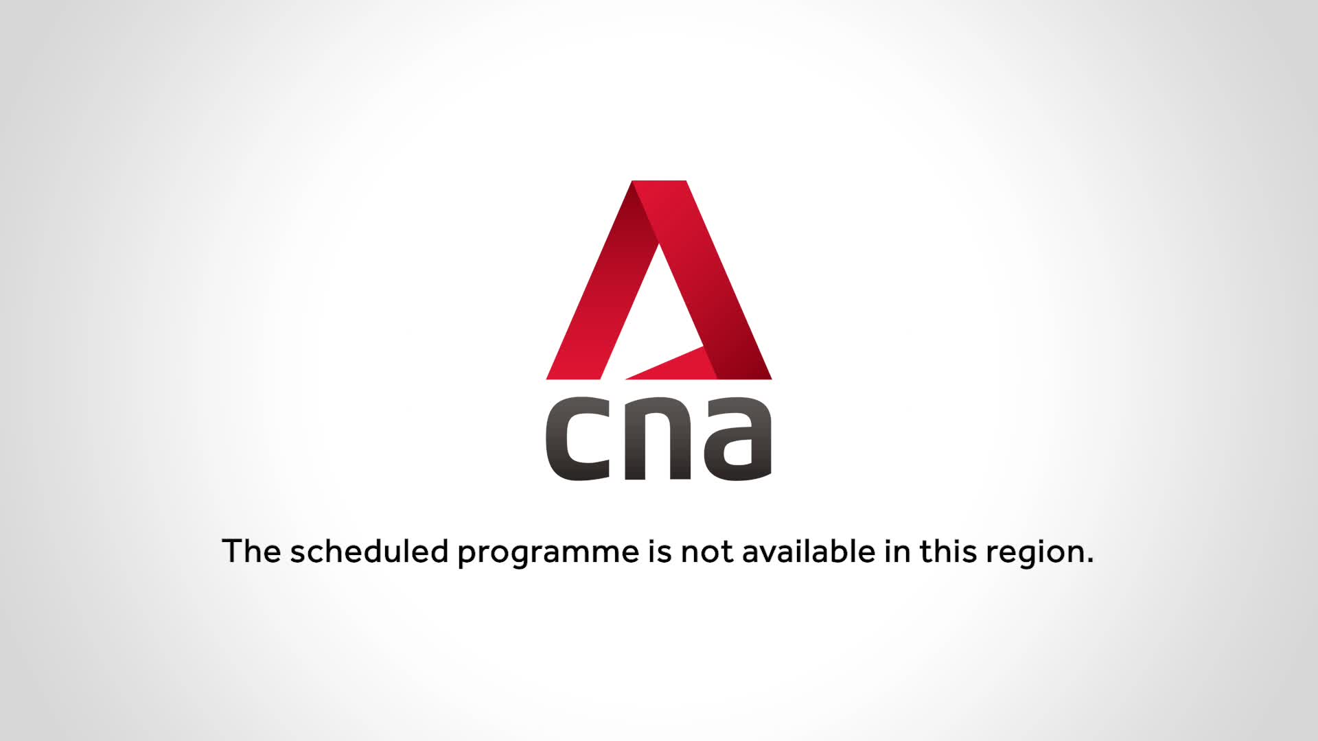 The CNA logo, a red triangle over the letters "cna," is displayed. Below it, text states, "The scheduled programme is not available in this region."
