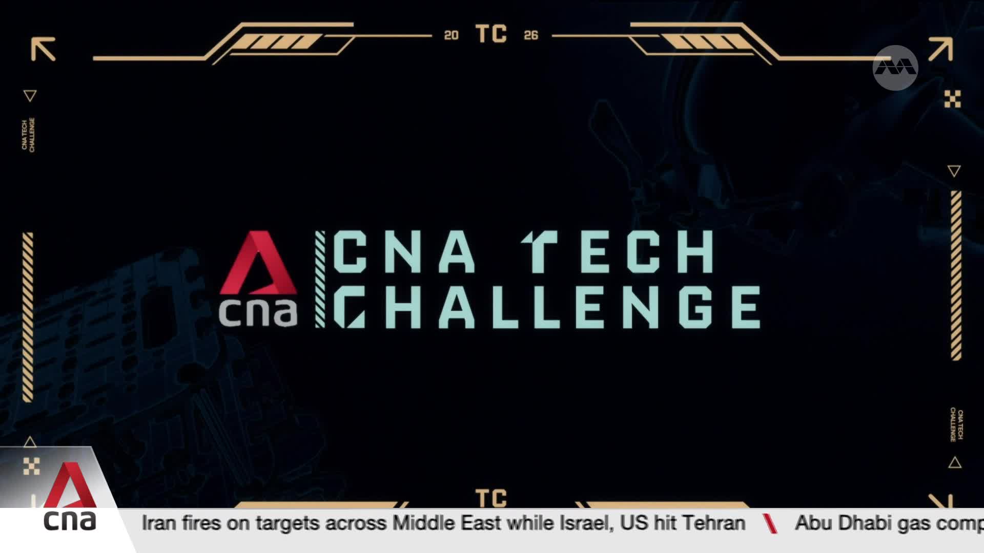 The "CNA Tech Challenge" logo glows against a dark, tech-inspired background. Below, a news ticker scrolls with headlines from CNA International.