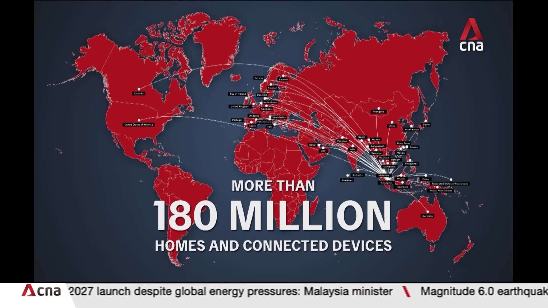 A world map glows red, crisscrossed by thin white lines connecting cities. The CNA logo sits in the top right corner, above text that reads "MORE THAN 180 MILLION HOMES AND CONNECTED DEVICES."