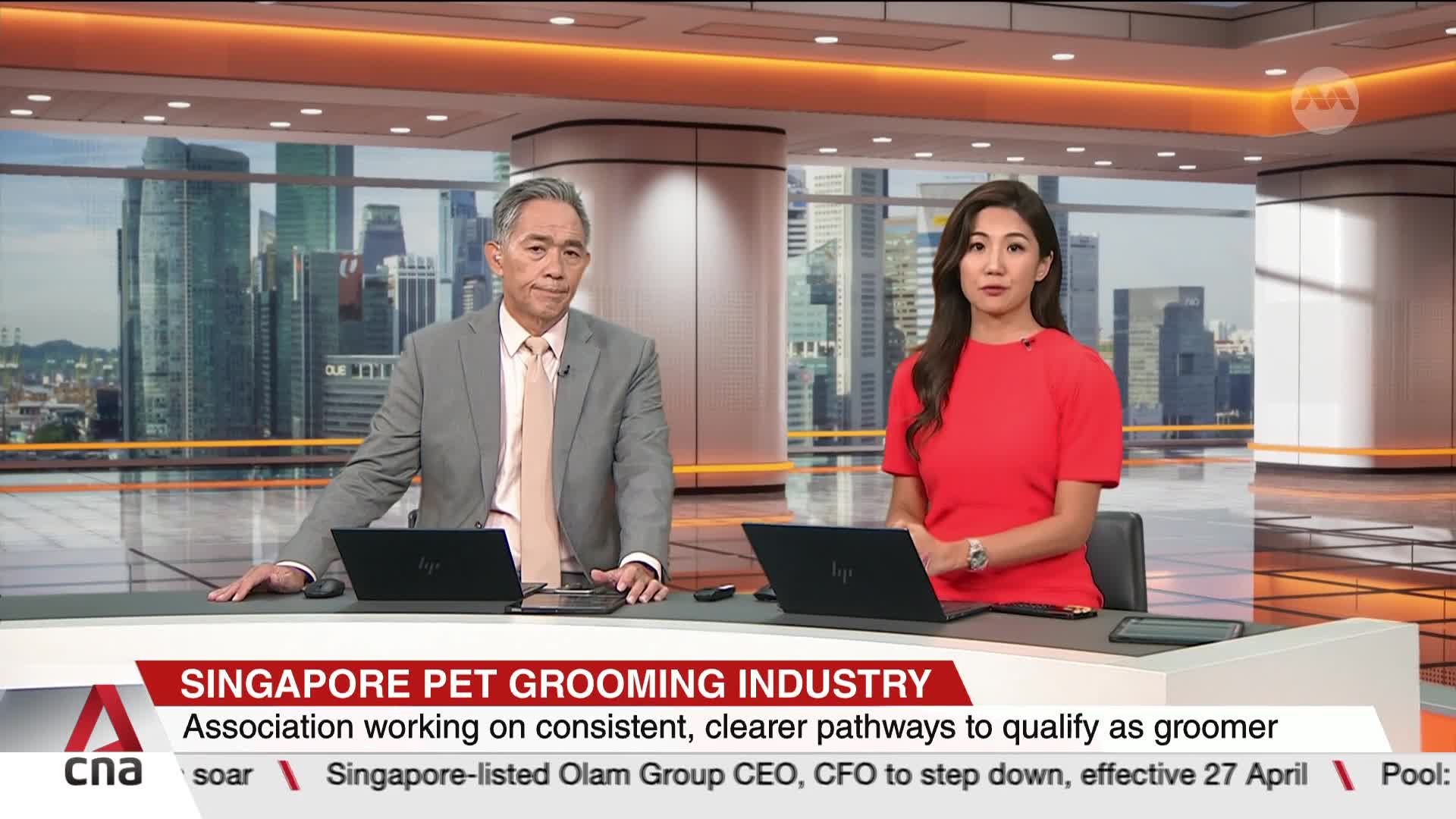 The two news anchors sit at their desks, a backdrop of Singapore's skyline behind them. The woman in the red dress speaks, while the man in the grey suit looks on.