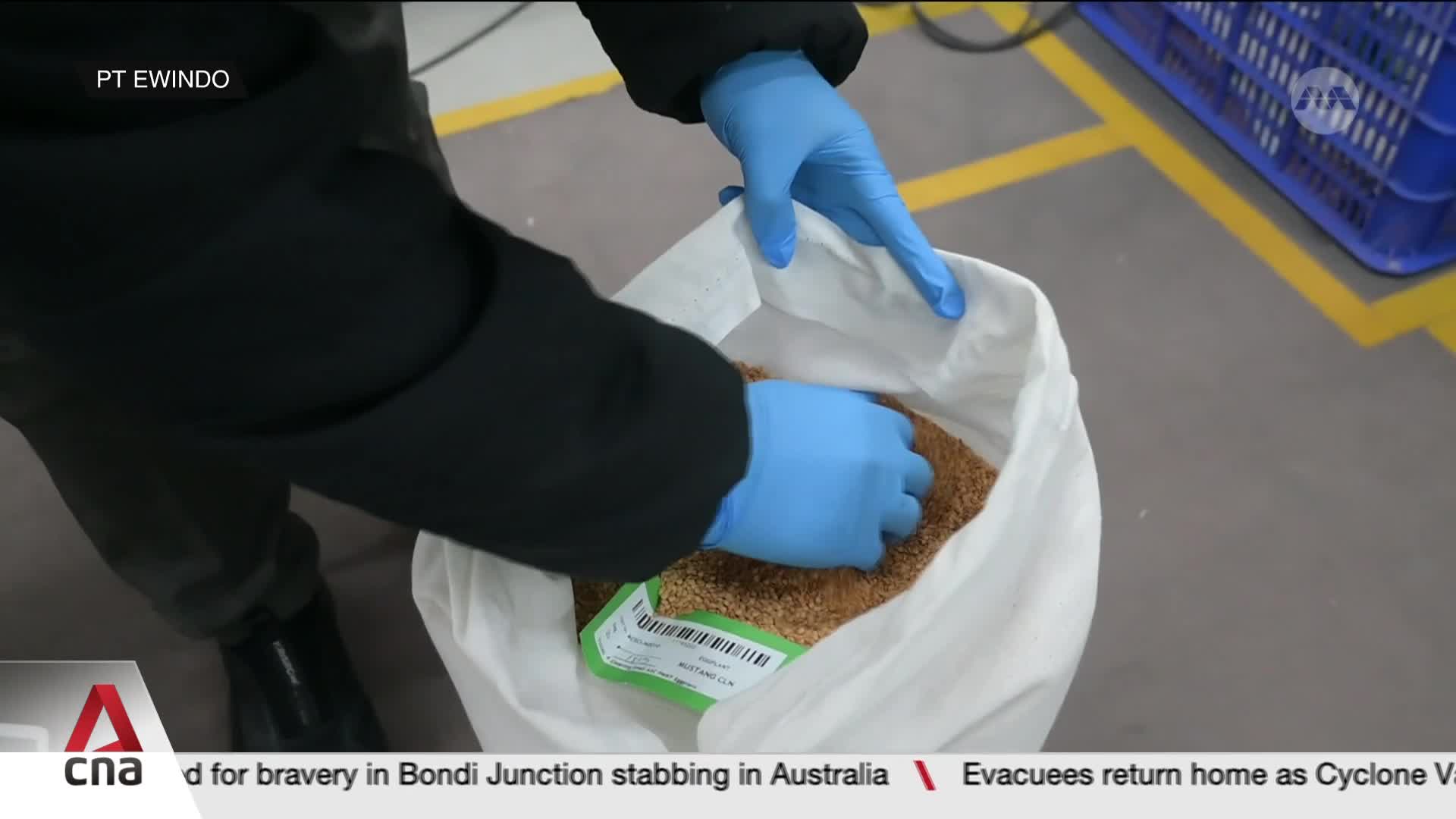 Blue-gloved hands sift through a large white bag filled with granular material. A green tag with a barcode is visible near the bottom of the bag.