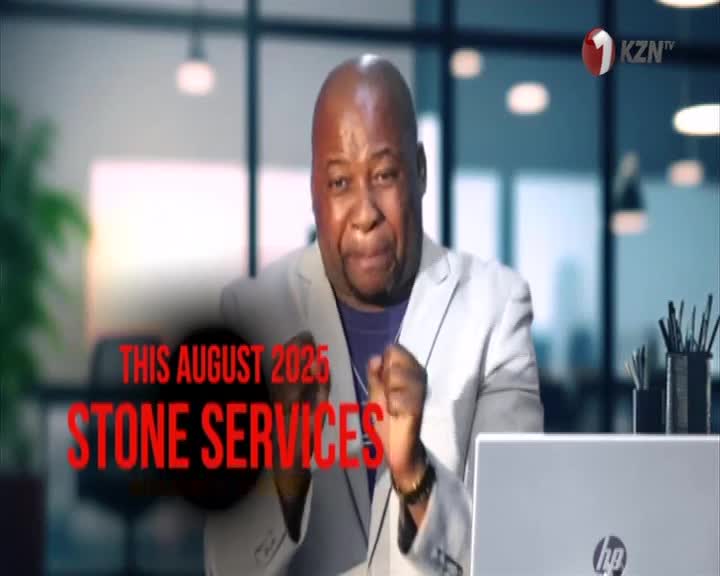 A man in a light blazer gestures emphatically toward the camera, promoting Stone Services on 1KZN TV. The red text superimposed on the screen announces the event for August 2025.
