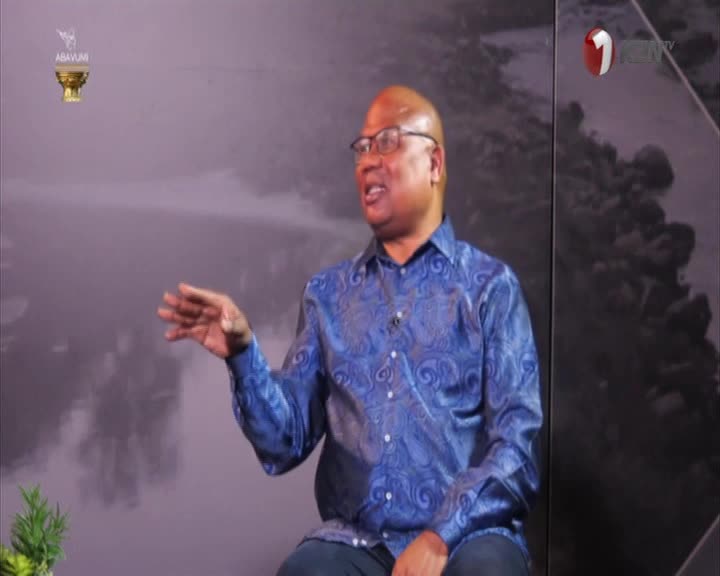 The man on 1KZN TV gestures with his right hand, his patterned blue shirt catching the light. He's seated, speaking against a backdrop that looks like a painted landscape.
