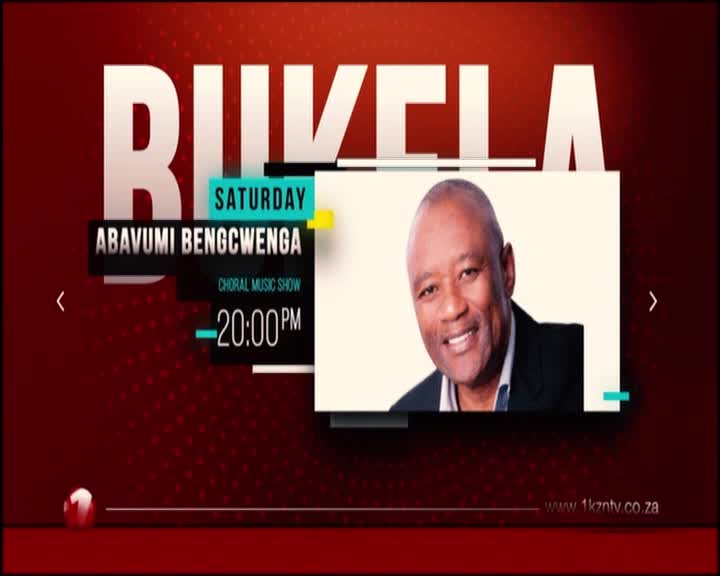 On 1KZN TV, a man smiles from a box, advertising "Abavumi Bengcwenga," a choral music show. The show's time, 20:00 PM, is displayed against a deep red background.
