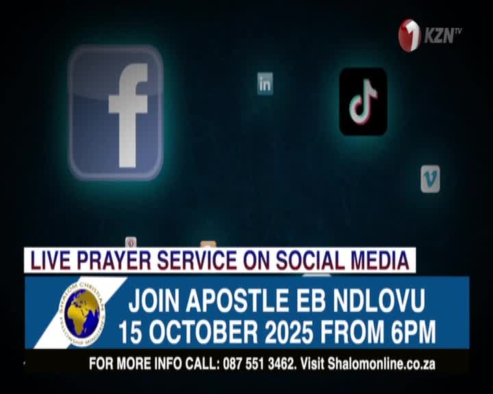 A Facebook logo and other social media icons float against a dark background, with the 1KZN TV logo in the corner. Underneath, a banner promotes a live prayer service in South Africa, with the details of the event.
