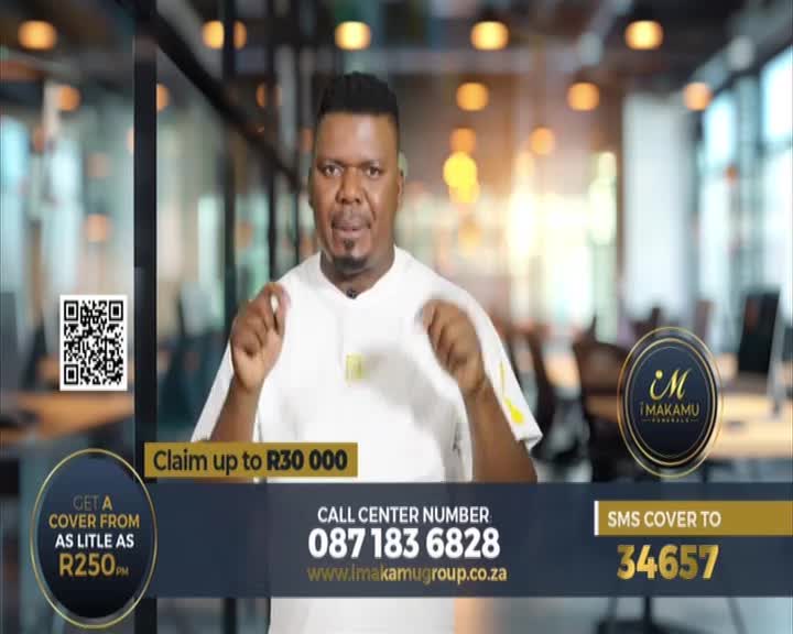 A man in a white shirt gestures with his hands, speaking directly to the camera. Below him, text and a QR code advertise a financial service, likely on 1KZN TV in South Africa.
