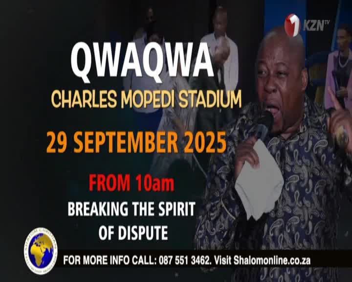 The man is speaking into a microphone, his mouth wide open, while holding a small white cloth. The 1KZN TV logo sits in the corner, and the event announcement is clearly visible.
