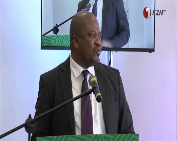 A man in a dark suit and purple tie speaks into a microphone, likely on a 1KZN TV broadcast. Behind him, a screen displays a similar figure, and the logo of the South African station is visible in the top right.
