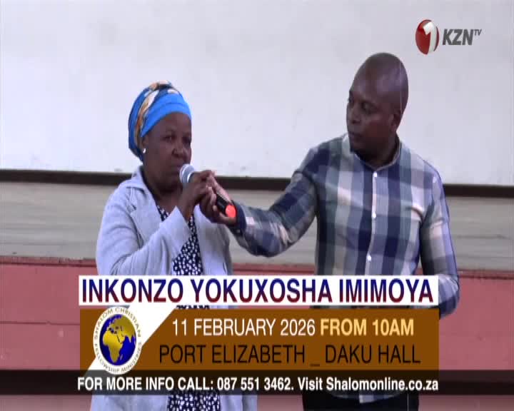 A woman in a blue headscarf holds a microphone, speaking into it as a man in a plaid shirt stands beside her. The KZN TV logo is visible in the upper right corner. A woman in a blue headscarf holds a microphone, speaking into it as a man in a plaid shirt stands beside her. The KZN TV logo is visible in the upper right corner.