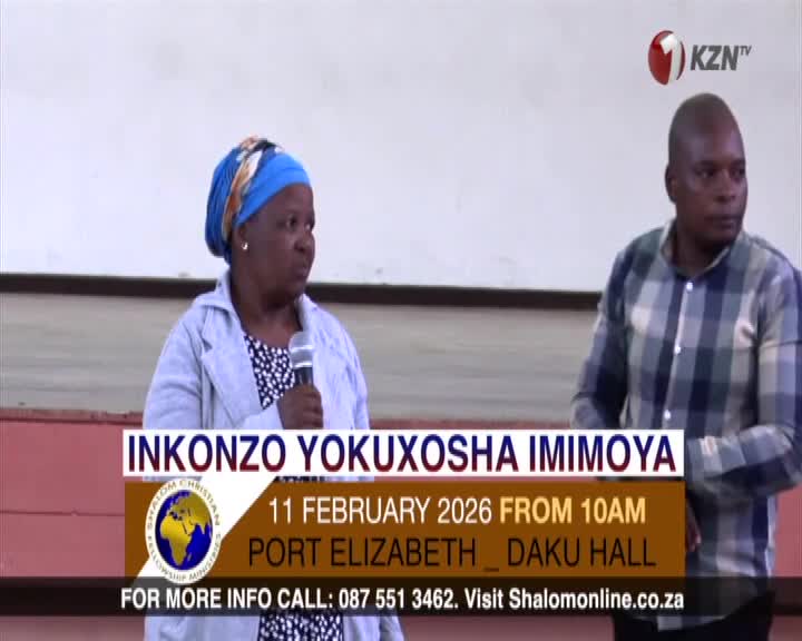 A woman in a blue headscarf holds a microphone, speaking into it. Beside her, a man in a plaid shirt watches intently. A banner below them announces "INKONZO YOKUXOSHA IMIMOYA" and details an event in Port Elizabeth. A woman in a blue headscarf holds a microphone, speaking into it. Beside her, a man in a plaid shirt watches intently. A banner below them announces "INKONZO YOKUXOSHA IMIMOYA" and details an event in Port Elizabeth.