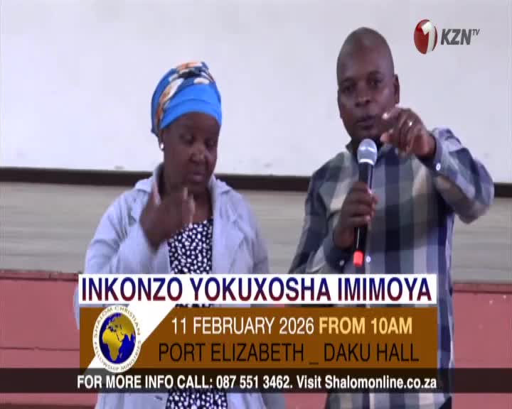 A man in a plaid shirt holds a microphone and points forward, while a woman in a blue headscarf stands beside him. Text overlays indicate a service called "INKONZO YOKUXOSHA IMIMOYA" on February 11, 2026, at Daku Hall in Port Elizabeth. A man in a plaid shirt holds a microphone and points forward, while a woman in a blue headscarf stands beside him. Text overlays indicate a service called "INKONZO YOKUXOSHA IMIMOYA" on February 11, 2026, at Daku Hall in Port Elizabeth.