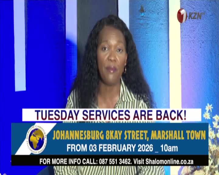 A woman speaks directly to the camera, her long, dark hair framing her face. Below her, a graphic announces "TUESDAY SERVICES ARE BACK!" with details for Johannesburg. A woman speaks directly to the camera, her long, dark hair framing her face. Below her, a graphic announces "TUESDAY SERVICES ARE BACK!" with details for Johannesburg.