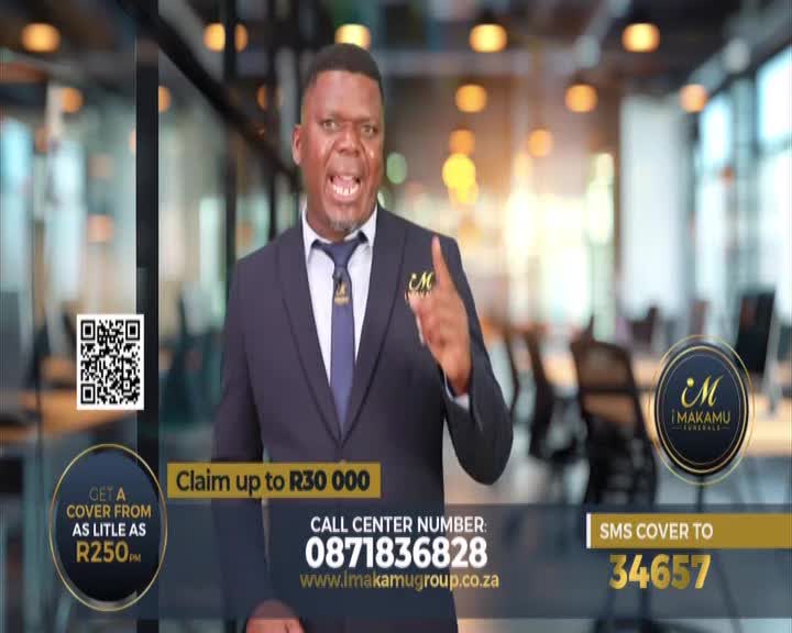 A man in a suit gestures emphatically, speaking directly to the camera. Graphics overlay the scene, detailing funeral cover options and contact information for Makamu Funerals.