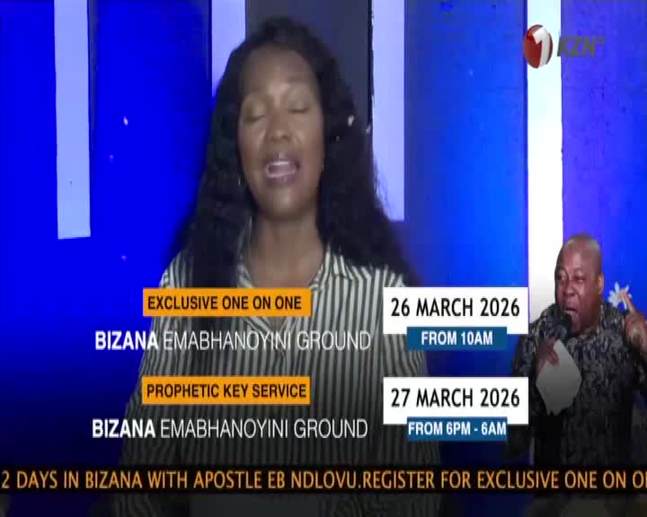 A woman speaks passionately, her eyes closed, while a man to her right gestures emphatically, holding a microphone and a piece of paper. Text overlays announce an "Exclusive One on One" and a "Prophetic Key Service" happening in Bizana. A woman speaks passionately, her eyes closed, while a man to her right gestures emphatically, holding a microphone and a piece of paper. Text overlays announce an "Exclusive One on One" and a "Prophetic Key Service" happening in Bizana.