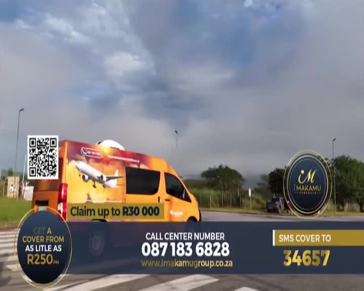 A bright orange van, emblazoned with an airplane graphic and advertising Makamu, turns a corner on a cloudy day. The van's side displays "Claim up to R30 000" and contact details for 1KZN TV viewers. A bright orange van, emblazoned with an airplane graphic and advertising Makamu, turns a corner on a cloudy day. The van's side displays "Claim up to R30 000" and contact details for 1KZN TV viewers.
