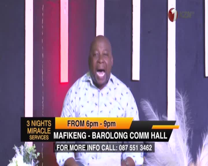 A man with his mouth wide open speaks passionately, his voice amplified by the 1KZN TV broadcast. Information about "3 Nights Miracle Services" in Mafikeng appears on screen.
