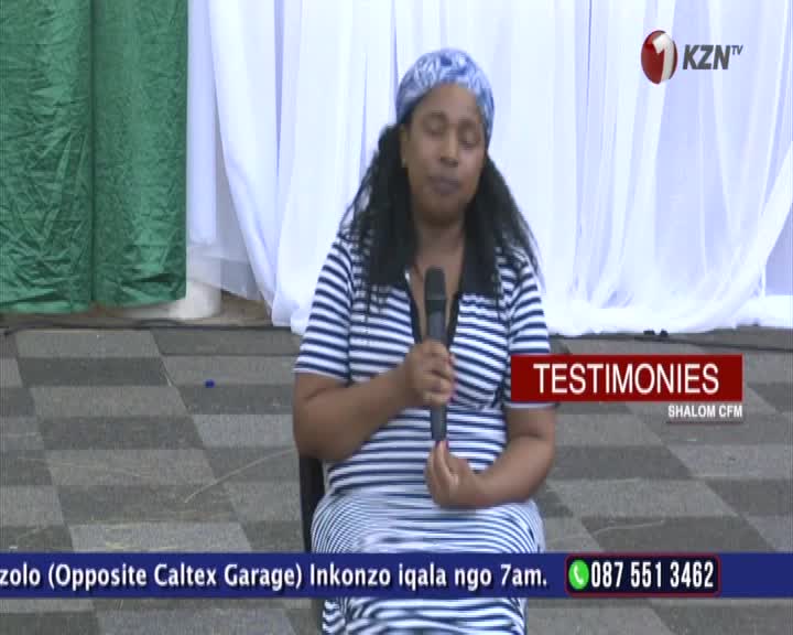 A woman in a striped dress and headscarf holds a microphone, speaking into it. The KZN TV logo appears in the upper right corner, with "TESTIMONIES" displayed prominently.