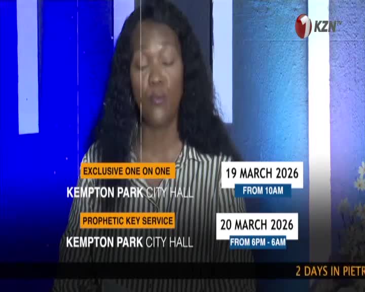 A woman with her eyes closed speaks into a microphone, her words overlaid with text announcing an "Exclusive One on One" and "Prophetic Key Service" at Kempton Park City Hall. The KZN TV logo is visible in the corner, along with dates and times for these events in March 2026.