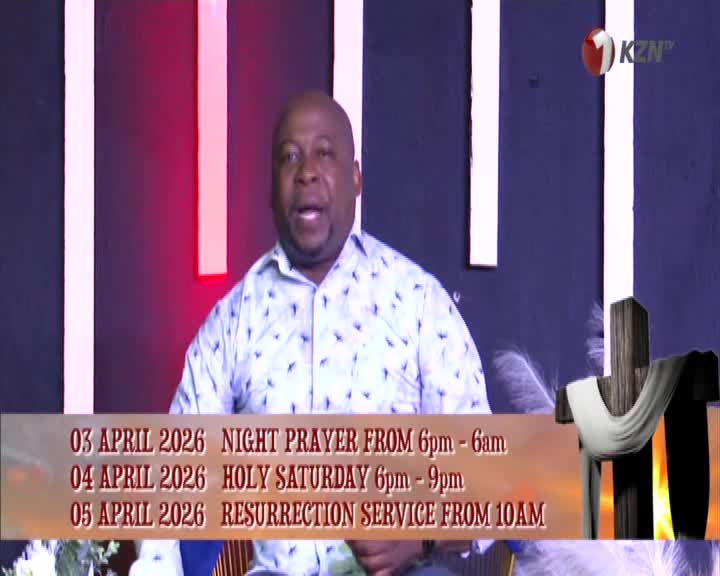 A man in a patterned shirt speaks directly to the camera, with a KZN TV logo visible in the corner. Text below lists upcoming religious services for April 2026.