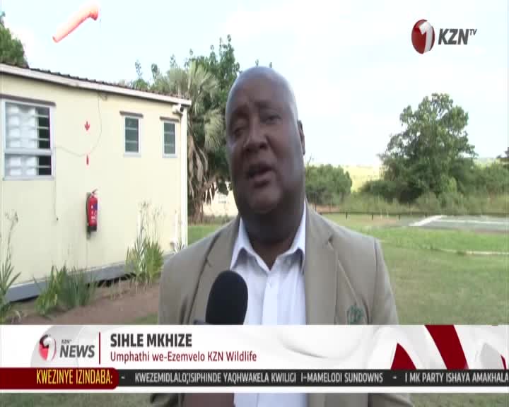 A man in a tan jacket speaks into a microphone, standing in front of a light-colored building. A bright orange windsock flaps in the sky above him.