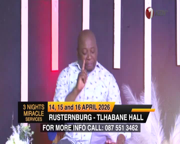 A man in a patterned shirt raises his index finger, speaking with conviction. Below him, text announces "3 Nights Miracle Services" in Rustenburg, South Africa, with a call to action for more information. A man in a patterned shirt raises his index finger, speaking with conviction. Below him, text announces "3 Nights Miracle Services" in Rustenburg, South Africa, with a call to action for more information.